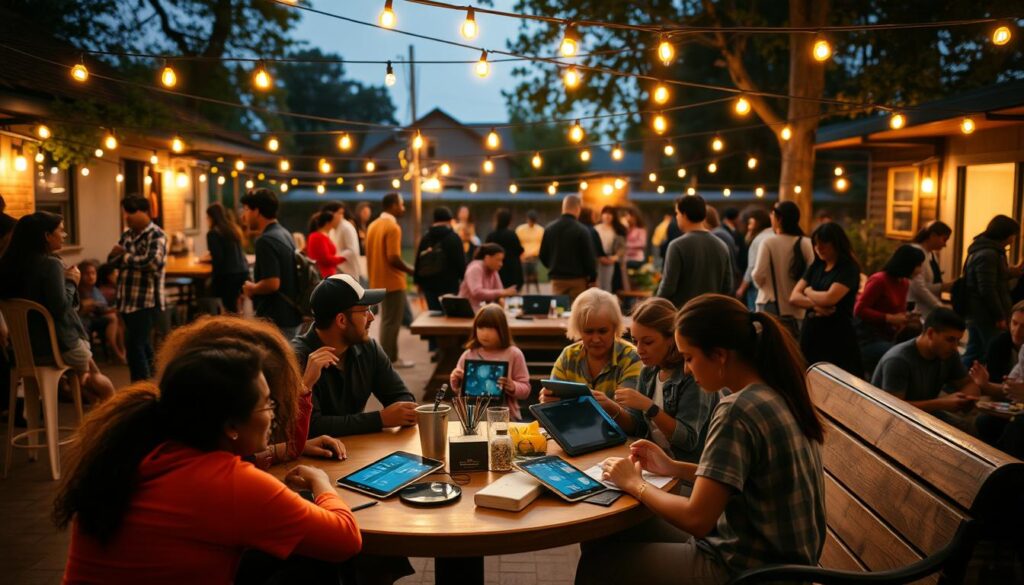 A bustling community hub, where people gather to access free, high-speed internet through a network of shared routers and community-owned infrastructure. The scene depicts a cozy outdoor setting, with individuals of diverse backgrounds collaborating on their devices under the warm glow of string lights. In the foreground, a group of friends sit around a circular table, animatedly discussing their projects and exchanging ideas. In the middle ground, a family gathers on a bench, their children engaged in educational activities on their tablets. In the background, the silhouettes of other community members can be seen, each contributing to the vibrant, inclusive atmosphere. The lighting is soft and inviting, creating a sense of togetherness and shared purpose.