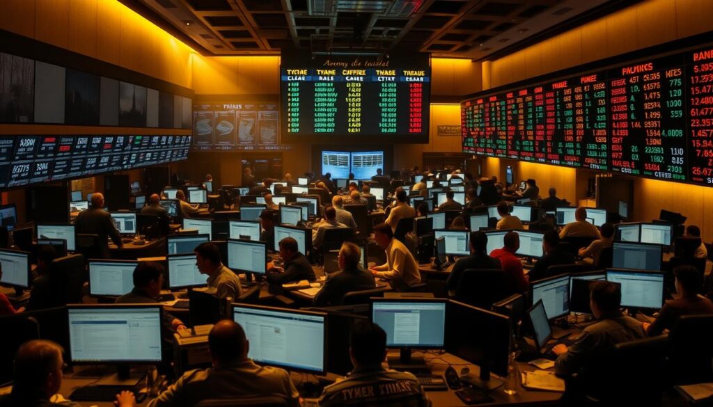 A bustling trading floor with desks, computers, and traders intensely focused on their screens. The atmosphere is tense, with a sense of anticipation and uncertainty. The lighting is a mix of warm overhead illumination and the glow of monitors, casting shadows and highlights across the scene. The camera angle is slightly elevated, capturing the scale and dynamics of the trading activity. In the background, a large display board shows stock prices and trading volumes, the numbers fluctuating rapidly. The overall mood conveys the significant impact that market closures can have on the trading volume and the traders' ability to make timely decisions.