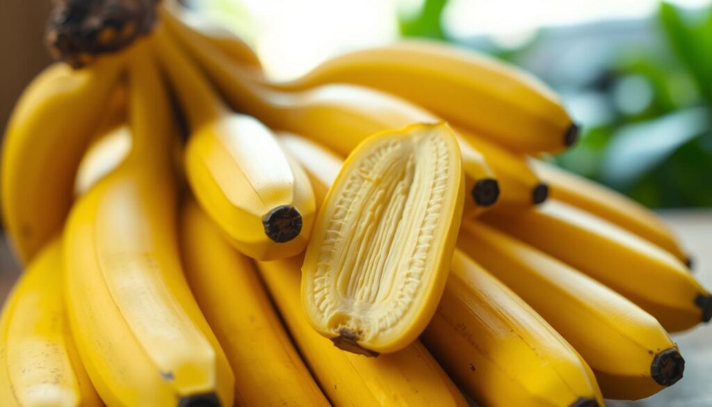 A close-up shot of a cluster of nano bananas in warm, natural lighting. The bananas are vibrant yellow, with a slight sheen, and appear perfectly ripe. In the foreground, a single nano banana is bisected, revealing its rich, creamy interior and intricate, delicate layers. The midground showcases the nano banana's compact size compared to a regular banana, emphasizing its diminutive scale. The background is slightly blurred, suggesting a serene, rustic setting, perhaps a wooden surface or a lush green foliage. The overall composition highlights the nano banana's unique nutritional profile and health benefits, inviting the viewer to appreciate its distinctive qualities.