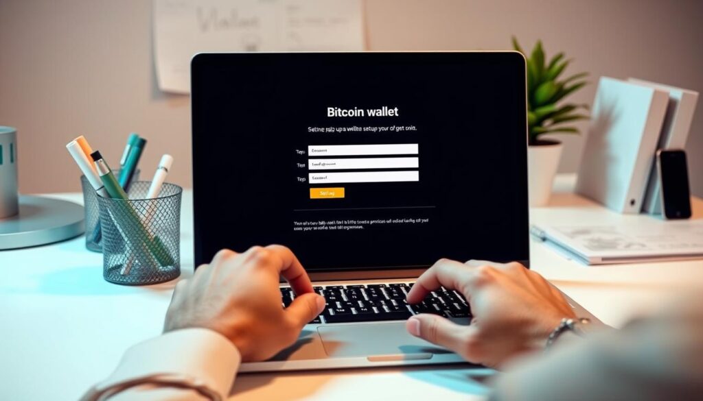 A closeup shot of a person's hands setting up a Bitcoin wallet on a laptop screen. The laptop displays the setup process with clear instructions and steps. The background is a clean, minimalist workspace with a desk, office supplies, and a potted plant. The lighting is soft and diffused, creating a warm, professional atmosphere. The focus is on the wallet setup, with the person's hands guiding the process intently. The overall impression is one of a straightforward, step-by-step guide to getting started with a Bitcoin wallet.