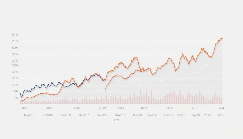 A comprehensive comparison of trading volume statistics, showcasing the daily fluctuations in stock market activity. A sleek, data-driven visualization with clean lines and a minimalist aesthetic. The graph should prominently feature multiple line charts in contrasting colors, representing different market indices or sectors. The layout should be designed to maximize clarity and information density, with a smooth, professional appearance suitable for a financial publication. Crisp, high-resolution rendering with neutral lighting and a subtle, elegant background setting the stage for the analytical insights.