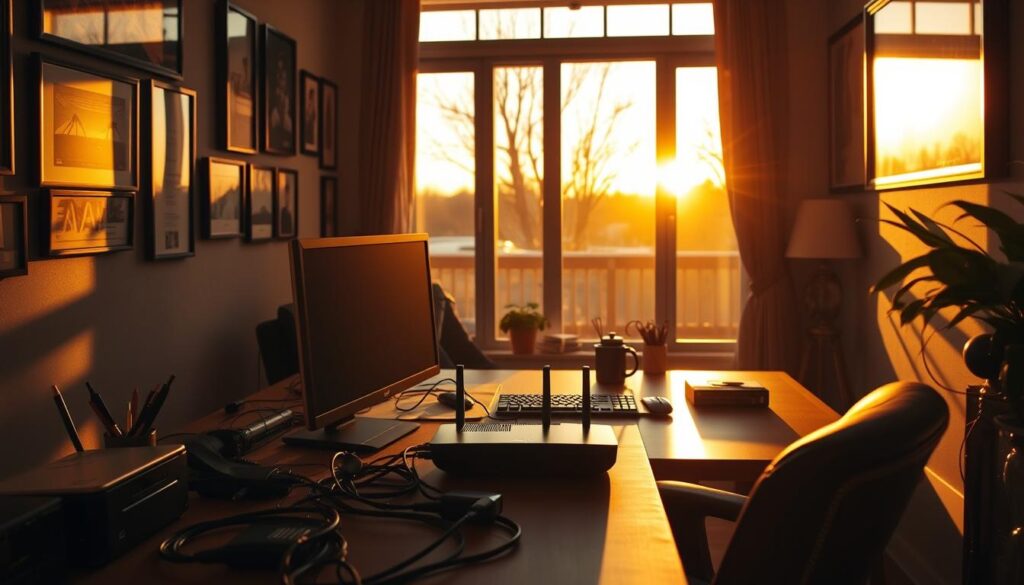 A cozy home office with a desktop computer, router, and network cables prominently displayed on the desk. The scene is bathed in warm, golden-hour lighting that casts long shadows, conveying a contemplative atmosphere. The walls are adorned with framed photographs and art, suggesting a lived-in, personal space. A large window offers a view of the outdoors, hinting at the broader context of the home network. The overall composition emphasizes the importance of carefully assessing the home network setup, with the technical elements taking center stage.