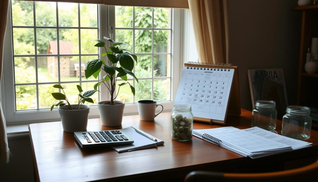 A cozy, well-lit home office setting with a wooden desk, a potted plant, and a calendar prominently displayed. On the desk, neatly arranged financial documents, a calculator, and a glass jar labeled "Savings". In the background, a large window overlooking a serene garden, providing a sense of tranquility and focus. The overall atmosphere is one of organization, discipline, and a steady, purposeful approach to building financial resilience, reflecting the "Proven Strategies to Save $5,000 Successfully" theme.