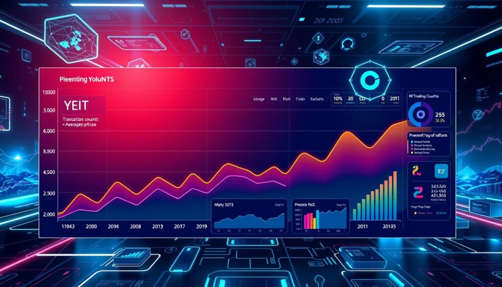 A data visualization dashboard depicting the recent trading volumes of non-fungible tokens (NFTs). The foreground shows a large line graph charting the rise and fall of NFT trading activity over the past year, with vibrant colors and dynamic curves. The middle ground features several smaller charts and analytics panels displaying key metrics such as transaction counts, average prices, and market capitalization. The background showcases a futuristic, tech-inspired landscape with holographic interfaces, floating data visualizations, and a sleek, minimalist aesthetic. Bright, cool-toned lighting creates a sense of innovation and progress, capturing the rapid evolution of the NFT ecosystem.