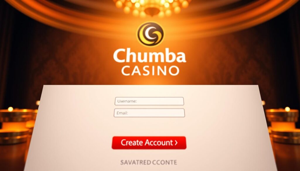 A detailed and visually striking Chumba Casino registration page, set against a softly lit, elegant backdrop. The foreground features a clean, modern interface with input fields for username, email, and password, along with a prominent "Create Account" button. The middle ground showcases Chumba's logo and branding elements, conveyed with a sense of sophistication and trustworthiness. In the background, a subtle pattern or texture evokes the casino's luxurious ambiance, complemented by warm lighting that casts a inviting glow over the entire scene. The overall composition strikes a balance between functional simplicity and visual appeal, seamlessly integrating the key elements of an effective online registration experience.
