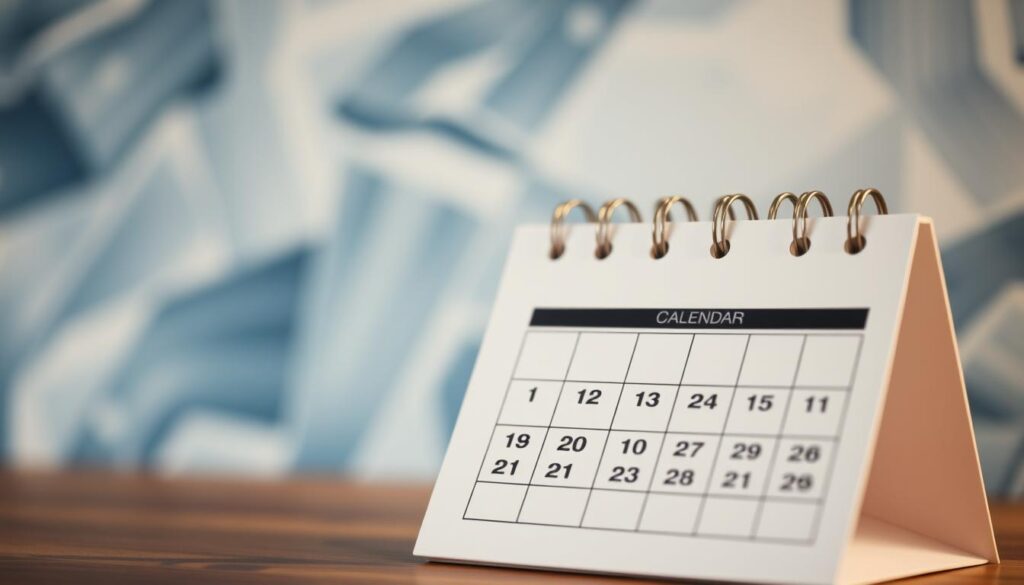 A detailed, elegant financial calendar with a clean, minimalist design. The calendar is positioned in the foreground, with a soft focus on the date boxes and grid layout. The background is a blurred, abstract pattern in calming shades of blue and gray, evoking a sense of organization and professionalism. The lighting is soft and diffused, creating a warm, inviting atmosphere. The camera angle is slightly elevated, giving the calendar a prominent, central focus. The overall mood is one of productivity, control, and financial well-being.