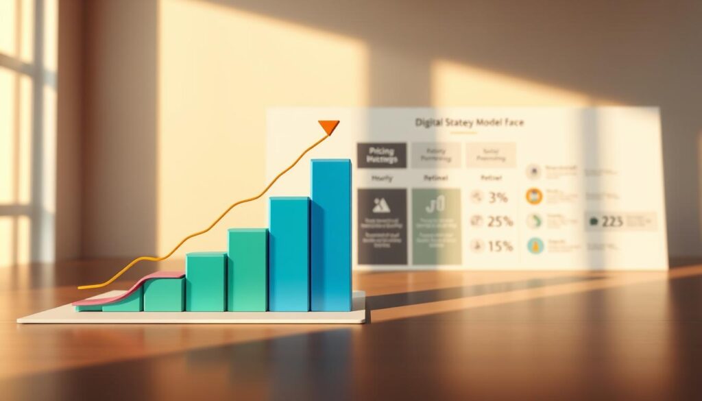 A detailed illustration showcasing various pricing models employed by digital strategy agencies. In the foreground, a vibrant, three-dimensional graph depicts different pricing structures such as fixed-fee, hourly, retainer, and performance-based. The middle ground features a sleek, minimalist layout with icons and infographic elements highlighting the key attributes of each model. The background is a softly blurred, sophisticated backdrop, evoking a sense of professionalism and expertise. The lighting is warm and directional, casting subtle shadows to add depth and dimension to the scene. The overall composition strikes a balance between analytical clarity and visual appeal, conveying the comprehensive nature of digital strategy agency pricing.