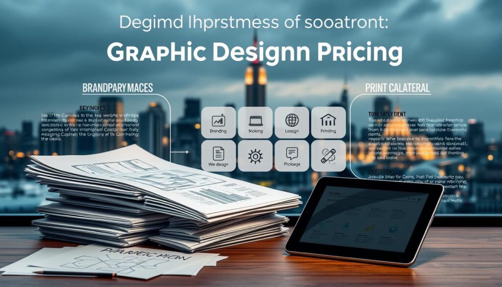 A detailed infographic depicting the key factors that influence graphic design pricing. In the foreground, a stack of design documents, sketches, and a digital tablet showcasing the creative process. In the middle ground, a grid of icons representing services like branding, web design, and print collateral. In the background, a sleek city skyline with subtle lighting and a moody, cinematic atmosphere. The overall composition conveys the complexity and professionalism of the graphic design industry.