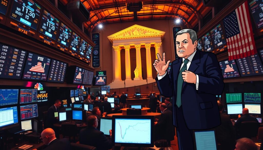A detailed, panoramic view of the New York Stock Exchange trading floor, with traders closely monitoring digital stock tickers and financial charts. In the background, a stylized, authoritative figure representing the Federal Reserve stands before a large, imposing building, gesturing with an expression of concern. The entire scene is bathed in warm, amber lighting, creating a sense of tension and uncertainty as the interconnectedness of monetary policy and market performance is visually expressed.
