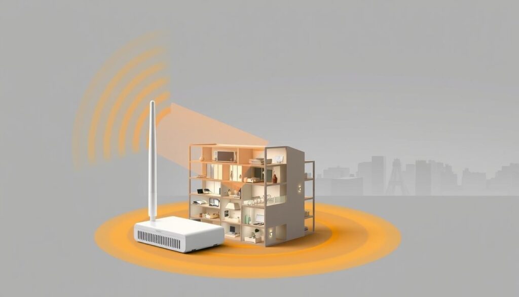 A detailed schematic illustration showcasing the coverage area of a powerful WiFi booster. The foreground depicts the booster device with its antennae extended, emitting a cone-shaped signal field in warm hues. The middle ground features a cutaway view of a multi-story building, with the WiFi signal penetrating through walls and floors, reaching various rooms and levels. The background displays a minimalist architectural landscape, emphasizing the booster's ability to provide reliable connectivity across a wide area. The lighting is soft and directional, creating depth and highlighting the technical components. The overall mood is one of efficiency and connectivity, reflecting the key factors to consider when purchasing a WiFi booster.