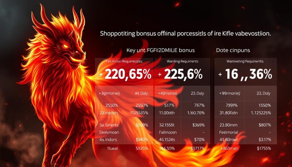 A detailed statistical comparison of the value propositions of the Fire Kirin online bonus offerings. The foreground showcases a majestic Fire Kirin creature in a dramatic, cinematic pose, its fiery mane and eyes emanating a sense of power and mystique. In the middle ground, a series of translucent data visualization panels present a side-by-side analysis of the key bonus parameters, such as percentage, duration, and wagering requirements. The background is a dimly lit, atmospheric scene with swirling smoke and particle effects, creating a sense of mystery and intrigue. The lighting is a combination of warm, fiery tones and cool, data-centric hues, with crisp, high-contrast details to emphasize the technical nature of the content. The overall mood is one of authoritative, data-driven insight into the competitive landscape of the Fire Kirin online bonus ecosystem.