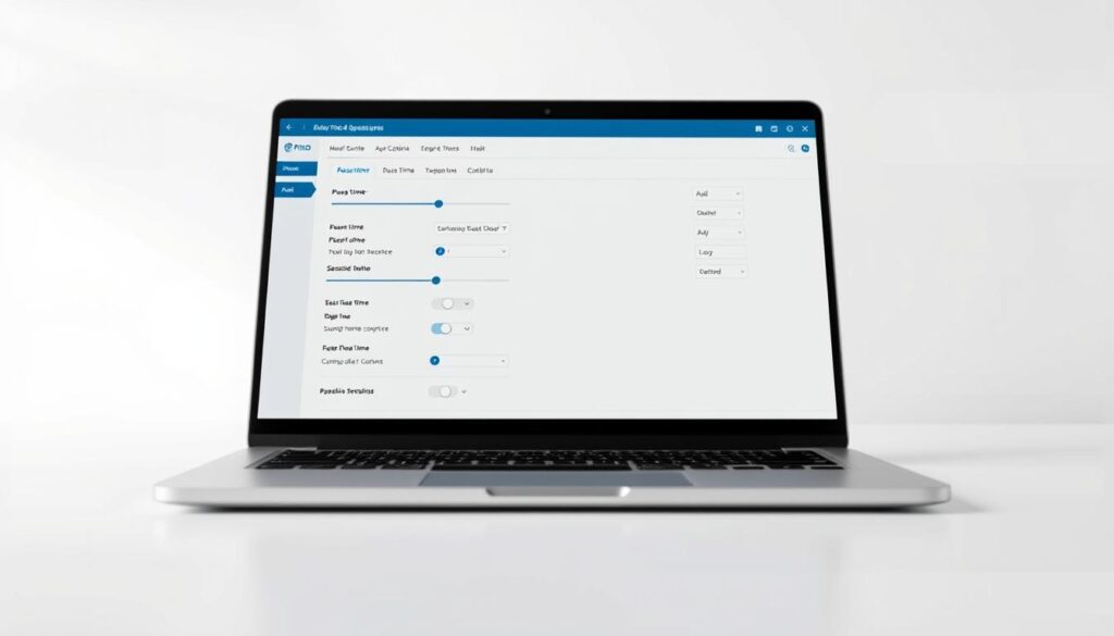 A detailed user interface for the advanced Piso WiFi pause time configuration, displayed on a sleek modern laptop against a clean white background. The screen shows various settings and controls, including sliders, toggles, and input fields for adjusting the pause time, session duration, and other related parameters. The layout is organized and intuitive, with clear labels and icons guiding the user. The overall aesthetic is minimalist and high-tech, with a subtle blue and gray color scheme. Soft, directional lighting illuminates the scene, creating depth and highlighting the details of the interface. The camera angle is slightly angled, providing a natural and immersive perspective.