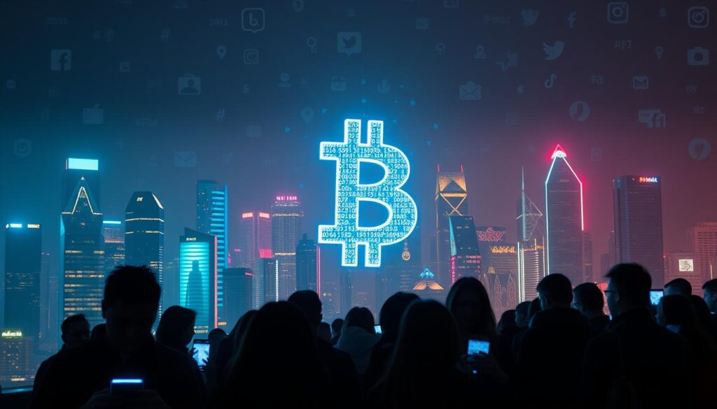 A digital city skyline at night, with neon lights and glowing screens reflecting on the dark surfaces. In the foreground, a group of people engrossed in their smartphones, their faces illuminated by the blue glow. In the middle ground, a towering cryptocurrency symbol, its shape made of shimmering data streams. The background is hazy with an overlay of social media icons, hashtags, and trending topics, creating a sense of pervasive digital influence. The lighting is dramatic, with harsh shadows and highlights, evoking a sense of the power and impact of social media on the world of cryptocurrency.
