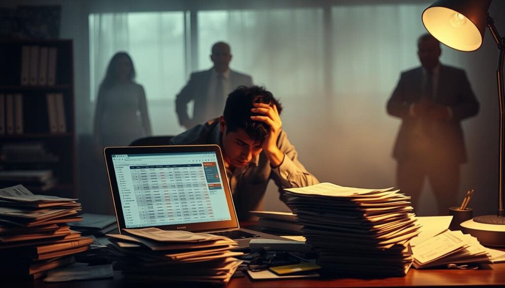 A dimly lit office scene, the air thick with the weight of financial burdens. In the foreground, a desk cluttered with stacks of bills, credit cards, and a laptop displaying a debt management spreadsheet. A person, their expression etched with worry, sits hunched over the desk, searching for a way to navigate the tangled web of debt. The background is hazy, with shadowy figures of creditors looming in the distance, a constant reminder of the pressure to find a solution. Soft, warm lighting casts a somber glow, while the overall composition conveys a sense of entrapment and the urgent need for a strategic approach to debt management.