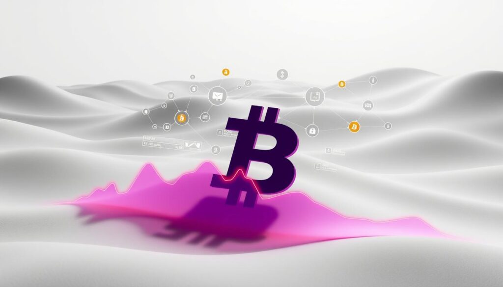 A dynamic 3D visualization of the correlation between Bitcoin's price and various macroeconomic factors. In the foreground, a line graph depicting the fluctuations of Bitcoin's value over time, rendered in vivid colors and clean lines. In the middle ground, interconnected nodes and data visualizations illustrate the relationships between Bitcoin, stock market indices, inflation rates, and other relevant economic indicators. The background features a minimalist, monochromatic landscape with subtle gradients, creating a sense of depth and emphasizing the analytical nature of the scene. Cinematic lighting casts dramatic shadows, lending a sense of weight and significance to the data. The overall composition strikes a balance between technical precision and artistic flair, conveying the complex dynamics shaping Bitcoin's future outlook.