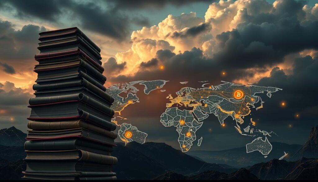 A global regulatory landscape, depicted in a cinematic wide-angle view. In the foreground, a towering stack of legal tomes and scrolls, symbolizing the complexity of international financial regulations. The middle ground features a stylized map of the world, with glowing nodes representing major economic hubs, connected by intricate webs of information. In the background, a dramatic sky filled with thunderclouds, hinting at the volatility and uncertainty surrounding the future of digital assets. The lighting is a blend of warm and cool tones, creating a sense of tension and dynamism. The overall composition conveys the multifaceted, ever-evolving nature of the regulatory environment that will shape the future of Bitcoin and other cryptocurrencies.