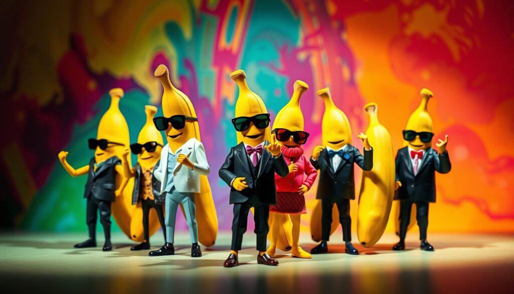 A group of fashionably dressed nano-sized banana figures striking various influencer-style poses against a vibrant, visually-striking backdrop. The bananas have distinct personalities, with some appearing candid and casual, others meticulously posed. Dramatic studio lighting casts dramatic shadows, highlighting the textural details of the fruit. The scene has a sleek, glossy, high-fashion aesthetic, as if captured by a professional photographer for a magazine editorial. The overall mood is fun, playful, and attention-grabbing, conveying the viral, trendy nature of "nano bananas" in pop culture.