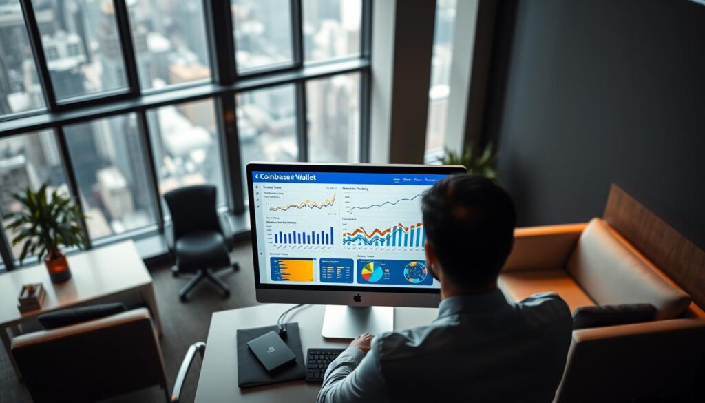 A high-angle view of a modern office setting, with sleek furniture and a large window overlooking a cityscape. In the foreground, a desktop computer display shows a Coinbase Wallet interface, with colorful graphs and charts illustrating user adoption rates and growth trends. The display is backlit, creating a warm, vibrant glow. The middle ground features a businessperson sitting at the desk, intently studying the data on the screen. The background is slightly blurred, conveying a sense of focus on the statistical information. Soft, directional lighting casts subtle shadows, adding depth and dimension to the scene. The overall mood is one of analytical insight and data-driven decision making.