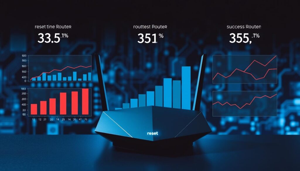 A high-contrast, technical illustration showcasing the speed comparison of a router reset process. In the foreground, a sleek, modern router with angular lines sits on a dark surface, its reset button prominently displayed. Surrounding the router are data visualization elements, such as bar graphs and line charts, depicting the reset time and success rates for various router models. The middle ground features a blurred, technical backdrop with circuitry patterns and digital noise, hinting at the complex inner workings of the router. The lighting is dramatic, with a cool, bluish tone that emphasizes the precision and technicality of the scene. The overall atmosphere conveys a sense of analytical rigor and data-driven insights, reflecting the focus on router reset performance metrics.