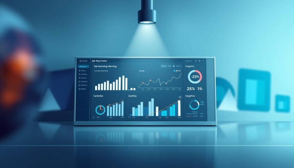 A high-key, precision-focused illustration of key B2B marketing metrics displayed on a modern, minimalist dashboard. Sleek, metallic surfaces with clean typography and infographic elements in a restrained color palette of blues, grays, and whites. Precise, technical lighting from above casts sharp shadows, highlighting the crisp data visualizations. The dashboard occupies the middle ground, flanked by blurred, out-of-focus side panels with abstract geometric shapes and gradients, creating depth and emphasizing the central metrics. An overall sense of clarity, efficiency, and data-driven decision-making. A high-key, precision-focused illustration of key B2B marketing metrics displayed on a modern, minimalist dashboard. Sleek, metallic surfaces with clean typography and infographic elements in a restrained color palette of blues, grays, and whites. Precise, technical lighting from above casts sharp shadows, highlighting the crisp data visualizations. The dashboard occupies the middle ground, flanked by blurred, out-of-focus side panels with abstract geometric shapes and gradients, creating depth and emphasizing the central metrics. An overall sense of clarity, efficiency, and data-driven decision-making.