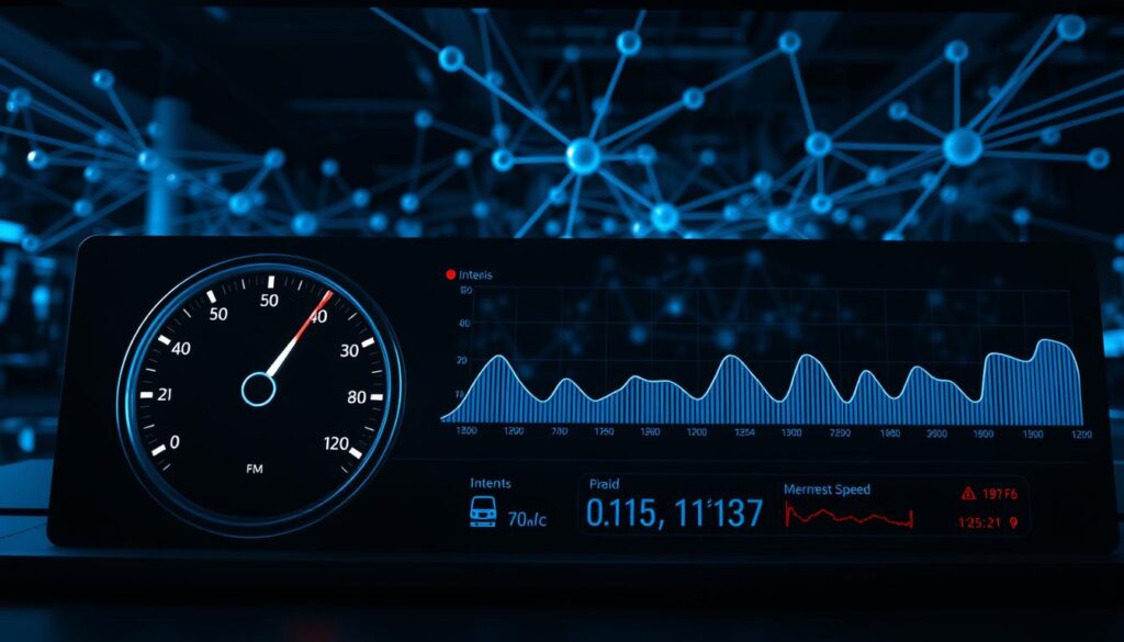 A high-tech dashboard displaying real-time internet speed metrics, with a sleek and minimalist design. In the foreground, a speedometer-style gauge shows the current download and upload speeds, while a line graph charts fluctuations over time. In the background, a network of interconnected nodes and cables represents the underlying infrastructure powering the internet connection. The lighting is cool and futuristic, casting a subtle glow on the various digital readouts and visualizations. The overall atmosphere conveys a sense of efficiency, precision, and the advanced technology behind internet speed testing.