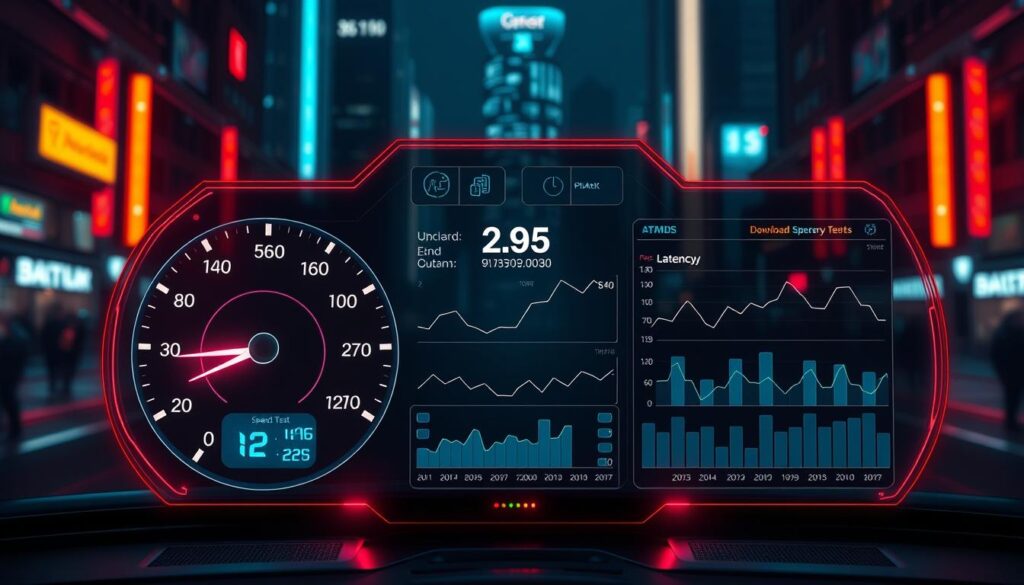 A high-tech speedometer display showcasing detailed speed test statistics. The foreground features a vibrant, holographic-style speedometer gauge with precise numerical readouts of download and upload speeds, latency, and other relevant metrics. The middle ground shows sleek, minimalist data visualizations in the form of line graphs and bar charts, illustrating performance trends over time. The background is a moody, neon-lit cityscape, conveying a sense of technological sophistication. Dramatic studio lighting casts dramatic shadows, while a cinematic depth of field keeps the focus on the data display. The overall aesthetic is futuristic, immersive, and designed to provide a clear, data-driven understanding of internet speed test results.