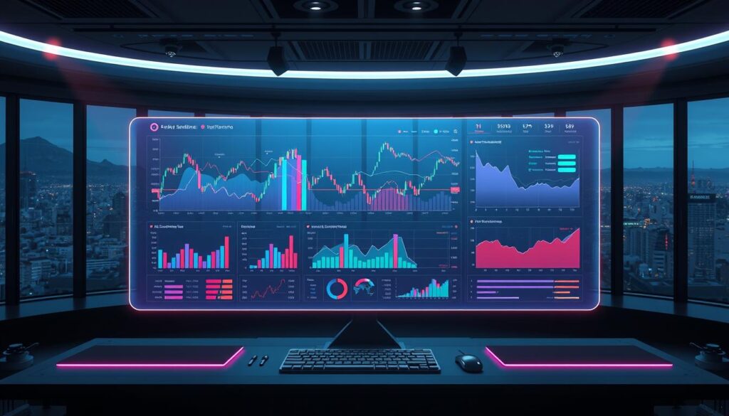 A high-tech trading dashboard with a central focus on sentiment analysis charts and graphs. The foreground features a holographic projection of a dynamic crypto market sentiment visualization, with colorful line graphs, candlestick charts, and heatmaps depicting real-time market trends and investor moods. The middle ground showcases a futuristic user interface with sleek controls and customizable data displays. The background depicts a dimly lit, minimalist office environment with large panoramic windows overlooking a sprawling cityscape. Soft neon accents and a cool color palette create a sophisticated, data-driven atmosphere. The lighting is dramatic, with directional spotlights highlighting the central displays. The overall scene conveys the power of AI-driven market sentiment analysis for crypto trading.