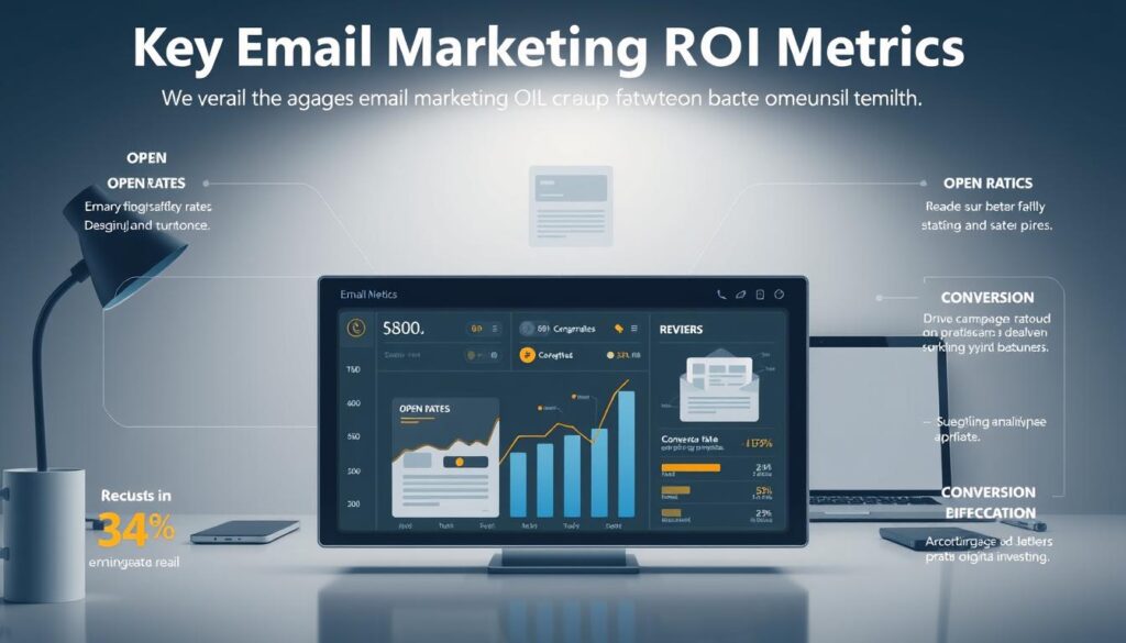 A meticulously designed infographic showcasing the key email marketing ROI metrics. In the foreground, a sleek dashboard displays a set of dynamic charts and graphs, illustrating crucial metrics such as open rates, click-through rates, conversion rates, and return on investment. The middle ground features a stylized email template, highlighting the elements that drive engagement and conversion. In the background, a clean, minimalist workspace with a laptop, smartphone, and other digital devices, suggesting the integration of email marketing into a comprehensive digital strategy. The overall composition is balanced, with a sophisticated color palette and lighting that conveys a sense of professionalism and analytical precision, perfectly suited to the article's focus on measuring the effectiveness of email marketing campaigns. A meticulously designed infographic showcasing the key email marketing ROI metrics. In the foreground, a sleek dashboard displays a set of dynamic charts and graphs, illustrating crucial metrics such as open rates, click-through rates, conversion rates, and return on investment. The middle ground features a stylized email template, highlighting the elements that drive engagement and conversion. In the background, a clean, minimalist workspace with a laptop, smartphone, and other digital devices, suggesting the integration of email marketing into a comprehensive digital strategy. The overall composition is balanced, with a sophisticated color palette and lighting that conveys a sense of professionalism and analytical precision, perfectly suited to the article's focus on measuring the effectiveness of email marketing campaigns.