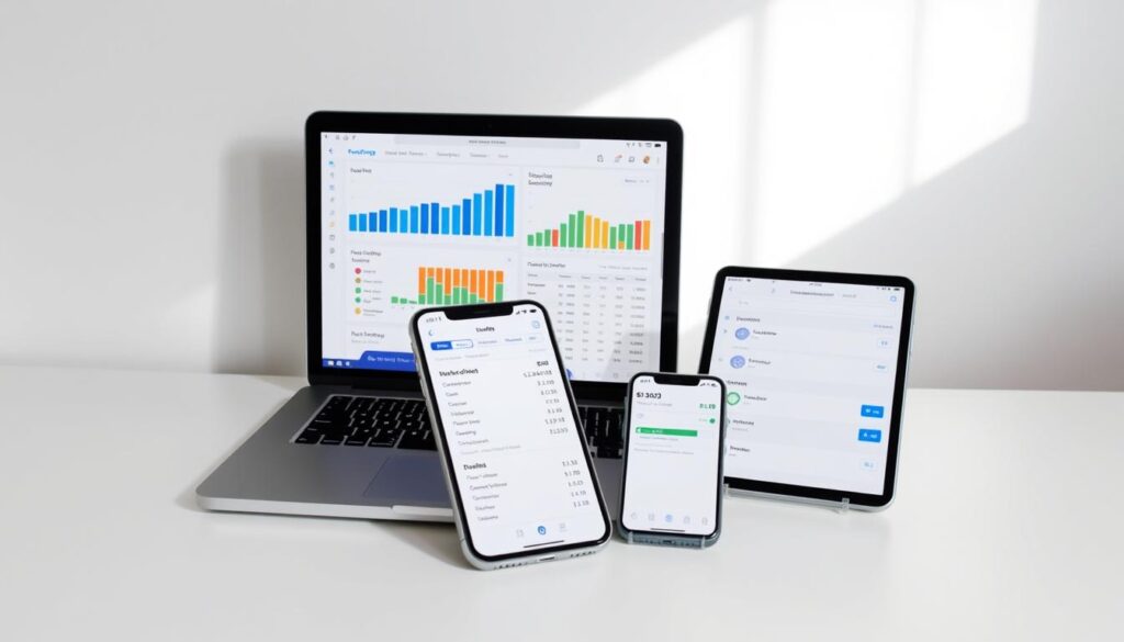 A modern and minimalist digital budgeting suite, showcasing a laptop, tablet, and smartphone against a clean, light-filled backdrop. The laptop displays a budgeting dashboard with colorful graphs and charts, while the tablet features a comprehensive expense tracking app. The smartphone presents a mobile-friendly personal finance management tool. Soft, natural lighting illuminates the scene, creating a calm, organized atmosphere. The arrangement suggests the seamless integration of digital tools to help implement the 50/30/20 budgeting rule with efficiency and ease.
