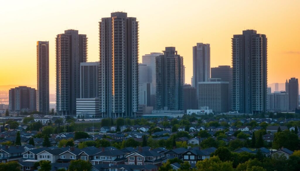 A modern city skyline at dusk, with towering high-rise apartment buildings dominating the foreground. The buildings feature a mix of sleek glass and steel facades, casting long shadows across the cityscape. In the middle ground, rows of smaller residential homes and duplexes struggle to keep up with the rapid urban development. The background is hazy with a warm, golden light, suggesting an unaffordable and unattainable housing market. The scene conveys the challenges of maintaining a balanced 50/30/20 budget in the face of skyrocketing real estate costs and limited affordable housing options.