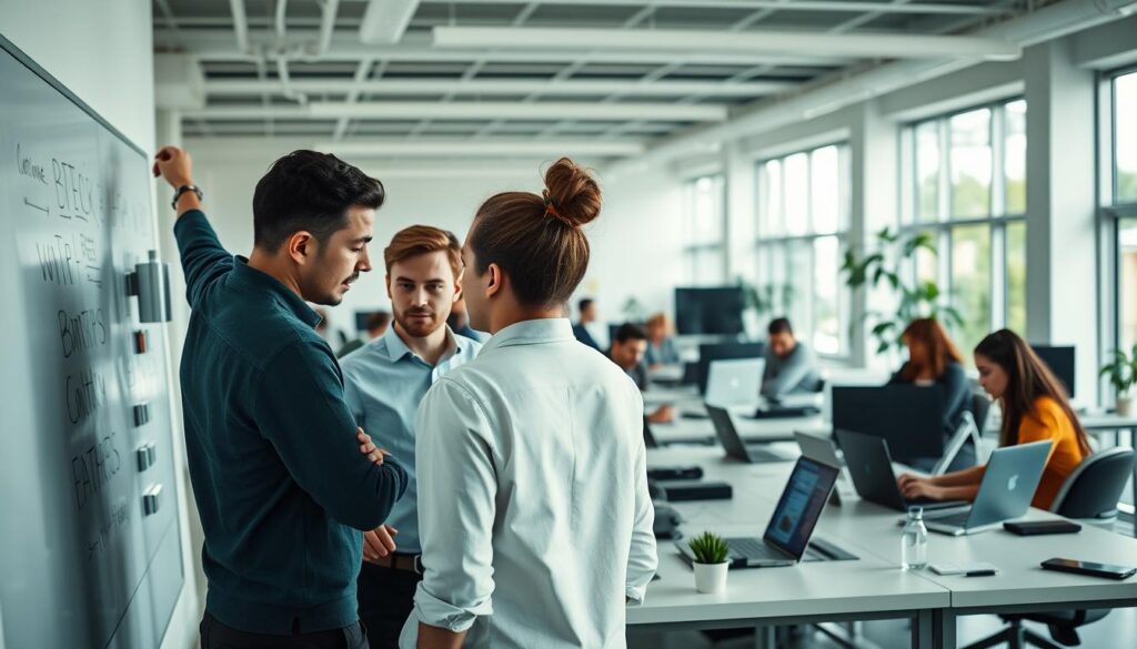 A modern, clean-lined digital strategy agency office, with a team of professionals collaborating at their desks. The foreground features a group of employees brainstorming ideas on a whiteboard, their expressions focused and determined. In the middle ground, other team members are engrossed in their laptop screens, coding and analyzing data. The background showcases an open, airy space with floor-to-ceiling windows, allowing natural light to flood the room. Sleek, minimalist furniture and decor create a cohesive, tech-forward aesthetic. The lighting is soft and indirect, creating a professional yet creative atmosphere. The overall scene conveys a sense of synergy, efficiency, and a collective drive to deliver innovative digital solutions.