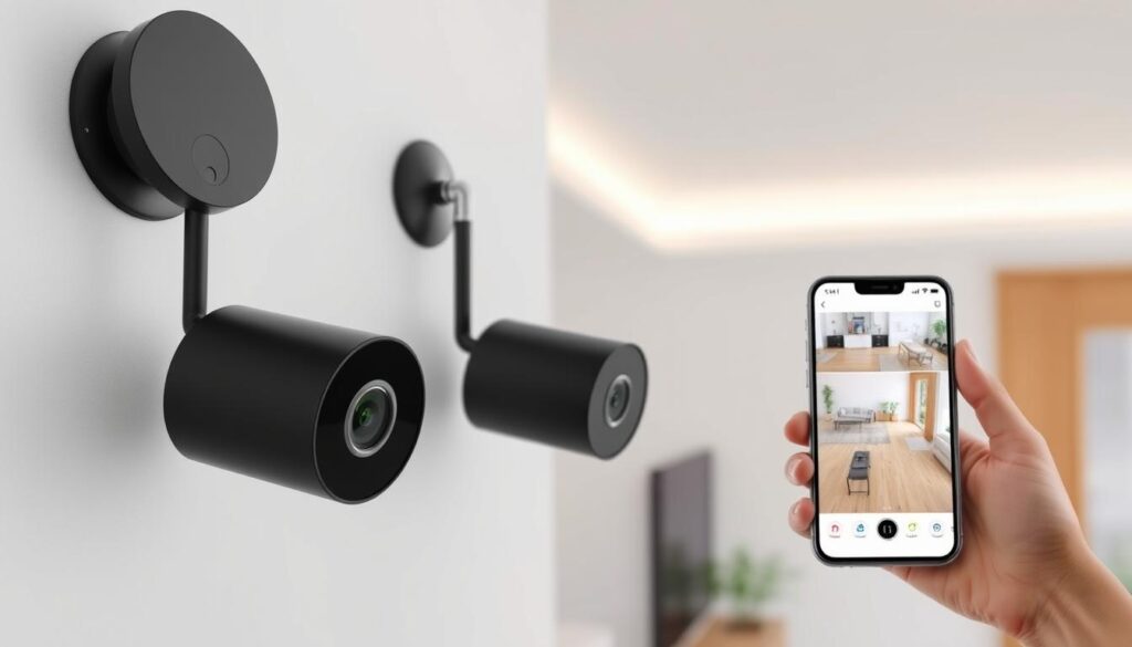 A modern, mid-range home security camera setup: two cylindrical cameras with sleek, matte black bodies mounted on a white wall, their lenses angled to cover a wide area. Subtle status lights indicate the cameras are powered on and ready to monitor the living room and entryway. Crisp, high-definition video streams through a minimalist, user-friendly app, providing clear footage both day and night. The cameras are discreet yet effective, blending seamlessly into the contemporary home decor while delivering reliable security and peace of mind.