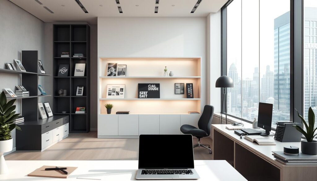 A modern, minimalist graphic design studio with a clean, airy atmosphere. The foreground features a desk with a laptop, stylus, and various design tools. The middle ground showcases sleek, geometric shelving units displaying sample work and design portfolios. The background depicts large windows overlooking a bustling city skyline, bathed in soft, natural lighting. The overall mood is professional, innovative, and inspiring, conveying the expertise and creativity of the graphic design services offered.