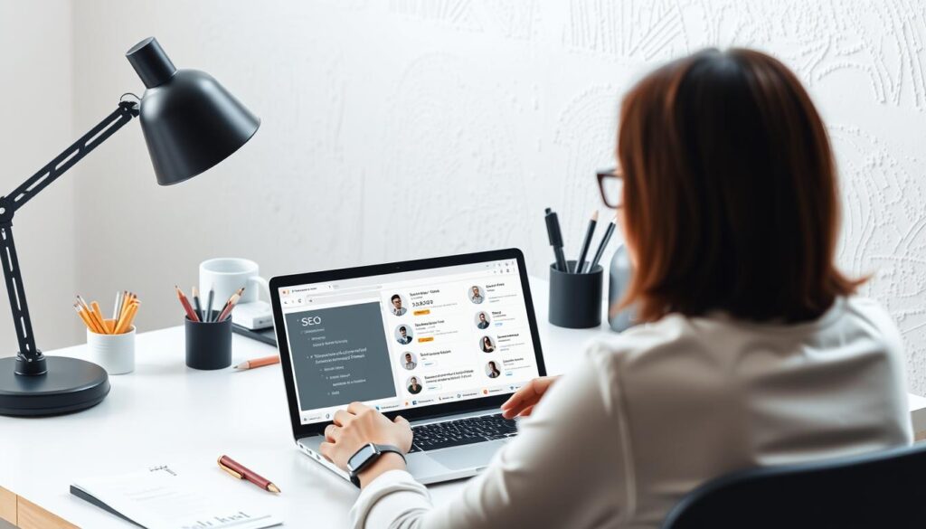 A modern, minimalist office setting with a desk, laptop, and various office supplies. In the foreground, a person is sitting at the desk, carefully evaluating a selection of ecommerce SEO agency profiles displayed on the laptop screen. The lighting is soft and natural, creating a calm and focused atmosphere. The background features a clean, white wall with subtle texture, complementing the overall minimalist aesthetic. The composition emphasizes the decision-making process, highlighting the importance of choosing the right ecommerce SEO service provider.