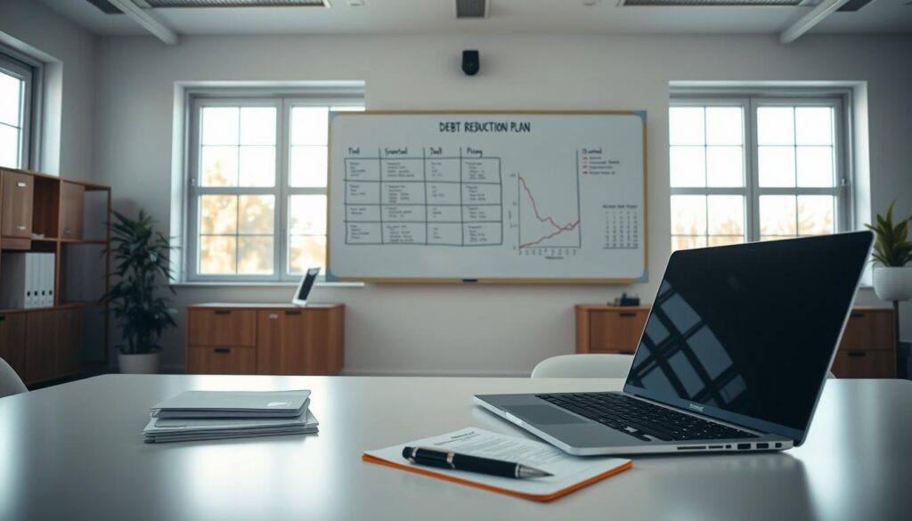 A modern office interior with a clean, minimalist aesthetic. In the foreground, a meticulously organized desk with a laptop, a stack of financial documents, and a pen resting on a notepad. The middle ground features a wall-mounted whiteboard displaying a well-structured debt reduction plan, with graphs and charts visualizing the progress. The background showcases large windows bathing the room in warm, natural light, creating a calming and focused atmosphere. The overall scene conveys a sense of control, organization, and a strategic approach to managing personal finances and debt.