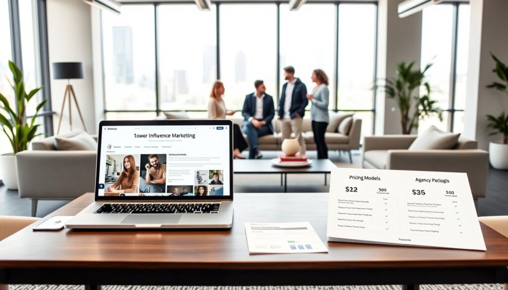 A modern open-office space with sleek furniture and minimalist decor. In the foreground, a table displays pricing models and agency packages for influencer marketing services, showcased on a laptop screen and printed materials. In the middle ground, a team of young professionals in casual attire collaborates, discussing campaign strategies. The background features large windows overlooking a cityscape, with natural lighting creating a bright, airy atmosphere. The overall mood is professional, innovative, and tailored to the needs of modern influencer marketing clients.
