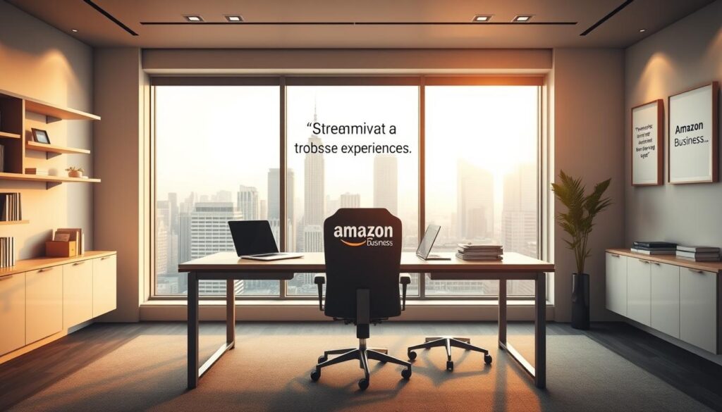 A modern, sleek office interior with a large desk and ergonomic chair. On the desk, a laptop, some papers, and a stylized Amazon Business logo. The lighting is warm and natural, filtering in through large windows overlooking a bustling cityscape. The walls are adorned with minimalist shelves and framed inspirational quotes related to business optimization. The atmosphere conveys a sense of focus, productivity, and the promise of streamlining the Amazon business experience.