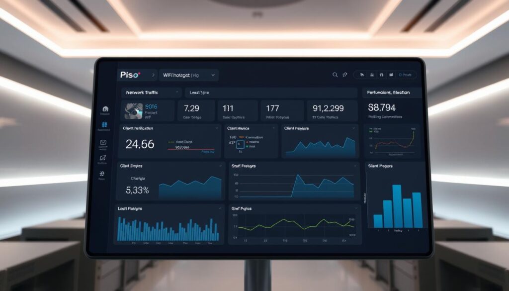 A modern, well-designed dashboard showing real-time monitoring of a Piso WiFi hotspot. In the foreground, a sleek graphical user interface displays network traffic statistics, client device connections, and performance metrics. In the middle ground, abstract visualizations such as charts and graphs convey the network's health and utilization. The background features a minimalist, high-tech environment with subtle lighting, clean lines, and a sense of technological sophistication. The overall atmosphere is one of efficiency, control, and the reliable operation of the Piso WiFi system.