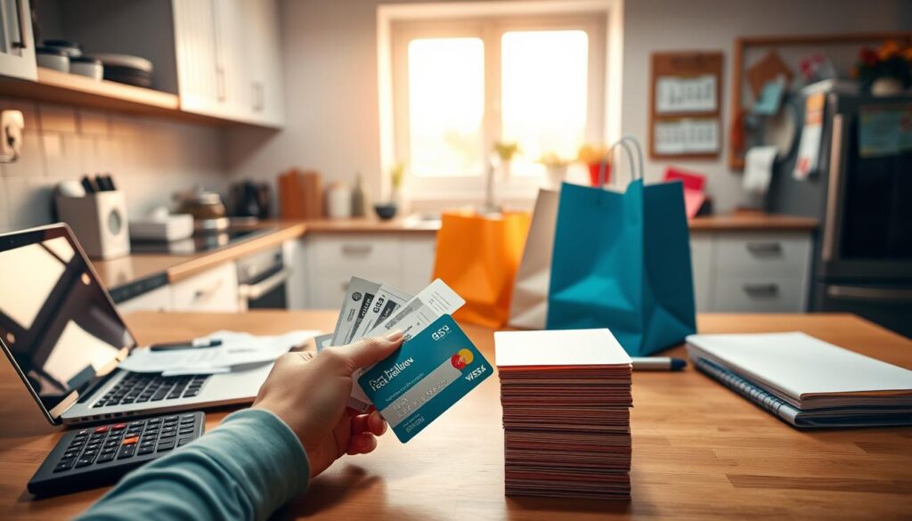 A modern, well-lit kitchen interior with a laptop, calculator, receipts, and various shopping bags on the countertop. In the foreground, a person's hands strategically sorting through coupons, loyalty cards, and a smartphone, contemplating their shopping options. The middle ground features a stack of cash-back rewards cards, highlighting the financial optimization process. The background showcases a calendar, a notebook, and a bulletin board, suggesting a methodical approach to maximizing cash-back opportunities. The lighting is warm and inviting, creating a sense of focus and productivity. The overall atmosphere conveys a calculated, yet rewarding shopping experience.