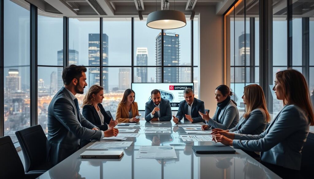 A modern, well-lit office setting, with a large conference table in the foreground. Around the table, business professionals are engaged in a lively discussion, examining various marketing materials and digital displays. The atmosphere is one of collaboration and thoughtful consideration. In the background, a vibrant cityscape is visible through large windows, hinting at the dynamic business environment. The lighting is soft and diffused, creating a warm, inviting ambiance. The camera angle is slightly elevated, providing a panoramic view of the scene, capturing the decision-making process of choosing the right email marketing agency. A modern, well-lit office setting, with a large conference table in the foreground. Around the table, business professionals are engaged in a lively discussion, examining various marketing materials and digital displays. The atmosphere is one of collaboration and thoughtful consideration. In the background, a vibrant cityscape is visible through large windows, hinting at the dynamic business environment. The lighting is soft and diffused, creating a warm, inviting ambiance. The camera angle is slightly elevated, providing a panoramic view of the scene, capturing the decision-making process of choosing the right email marketing agency.