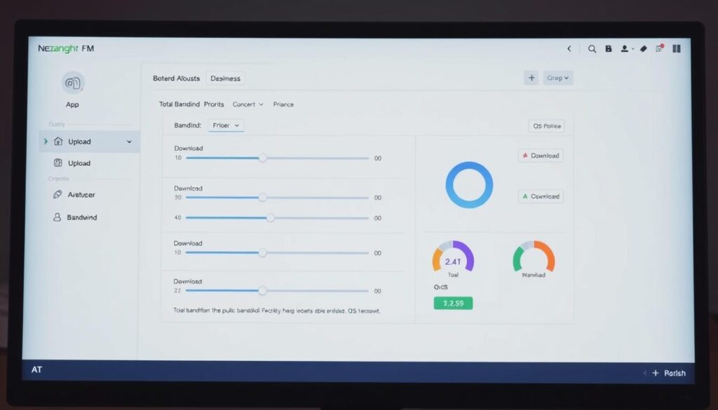 A modern, well-organized network interface showing bandwidth allocation settings. A clean, minimal dashboard on a desktop computer screen with sliders, pie charts, and data visualizations for managing upload, download, and total bandwidth usage. Soft, neutral lighting illuminates the interface, creating a sense of clarity and control. The layout is intuitive and responsive, allowing for easy adjustments to bandwidth priorities and QoS policies. The overall aesthetic is professional, functional, and tailored to the needs of network administrators overseeing public hotspot infrastructure.