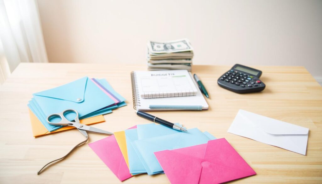 A neatly organized desk, with an array of envelope budgeting tools laid out in a visually appealing manner. In the foreground, various colored envelopes, a pair of scissors, a pen, and a calculator sit atop a light wooden surface. The middle ground features a stack of bills and a budgeting notebook, suggesting the preparatory steps of the envelope system. The background showcases a minimalist, well-lit room, with soft natural lighting filtering through a window, creating a calm and focused atmosphere. The overall composition conveys a sense of organization, simplicity, and the essential elements needed to get started with the envelope budgeting method.