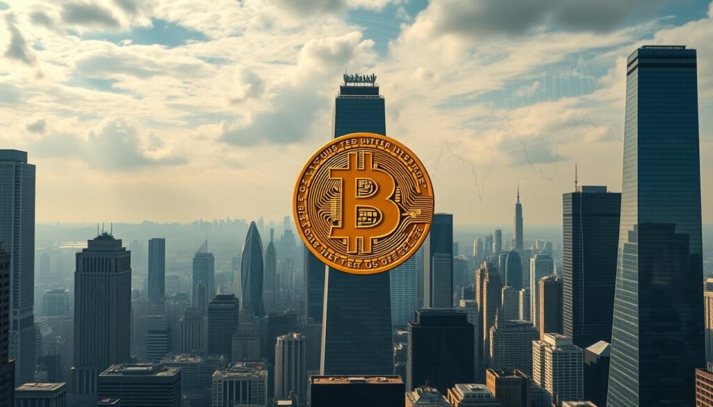 A panoramic view of a bustling financial district, with towering skyscrapers and a dynamic cityscape. In the foreground, a large Bitcoin symbol hovers, its digital glow casting a subtle light over the scene. The sky is filled with swirling data visualizations, representing the complex macroeconomic factors that influence the price of Bitcoin. In the middle ground, a series of charts and graphs display key economic indicators, such as interest rates, inflation, and global trade data, all intertwined with the Bitcoin icon. The overall mood is one of anticipation and uncertainty, as the interplay between traditional finance and cryptocurrency unfolds against the backdrop of a vibrant, modern metropolis.