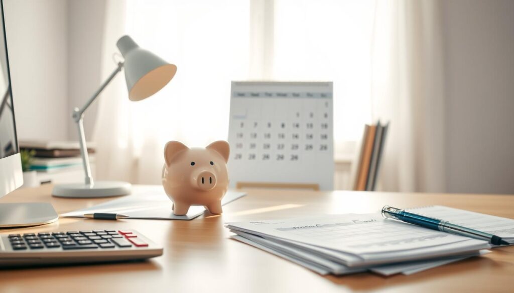 A pristine home office in soft, natural lighting. On the desk, a piggy bank, a calculator, and financial documents are neatly arranged, conveying a sense of organized financial planning. In the background, a calendar with the current month prominently displayed, underscoring the temporal aspect of emergency fund management. The overall mood is one of thoughtful contemplation, with a warm and reassuring atmosphere that suggests the importance of prudent financial preparation.