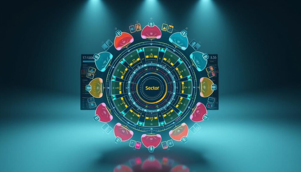A real-time visualization of sector rotation in the US stock market, captured through the lens of a high-resolution camera. A fluid, dynamic display showcases the shifting weights and performance of various market sectors, each represented by distinct geometric shapes and color palettes. The foreground features a central, kaleidoscopic interface, where sector bubbles expand and contract, reflecting the ebb and flow of investor sentiment. The middle ground depicts a sophisticated, data-driven dashboard, providing contextual insights and financial metrics. The background presents a muted, minimalist setting, allowing the visualization to take center stage and command attention. Soft, directional lighting enhances the sense of depth and emphasizes the pivotal trends shaping the current market landscape.