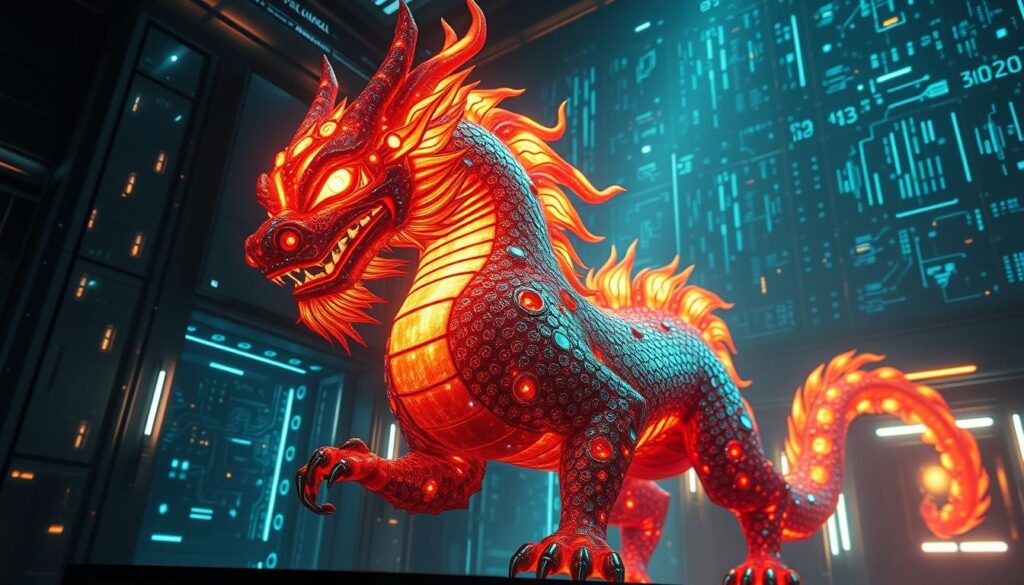 A secure and dynamic fire kirin creature guards the entrance to a high-tech digital fortress. Intricate circuits and holographic security systems overlay its shimmering scales, projecting an aura of technological sophistication. The kirin's piercing gaze scans the environment, alert to any potential threats, while luminous energy pulses through the surrounding architecture. Dramatic lighting casts dramatic shadows, creating an atmosphere of vigilance and power. Wide-angle lens captures the grand scale and imposing presence of this fantastical security system.