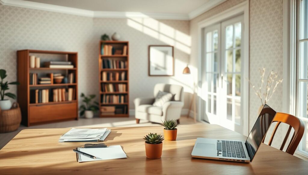 A serene, airy home office setting with natural light streaming through large windows. In the foreground, a wooden desk with a tidy arrangement of stationery, a laptop, and a succulent plant. In the middle ground, a comfortable armchair and a bookshelf filled with well-worn volumes. The background features soft, muted tones, and a subtle pattern on the walls, creating a calming, contemplative atmosphere. The overall scene conveys a sense of mindful focus, intentional organization, and a balanced lifestyle.