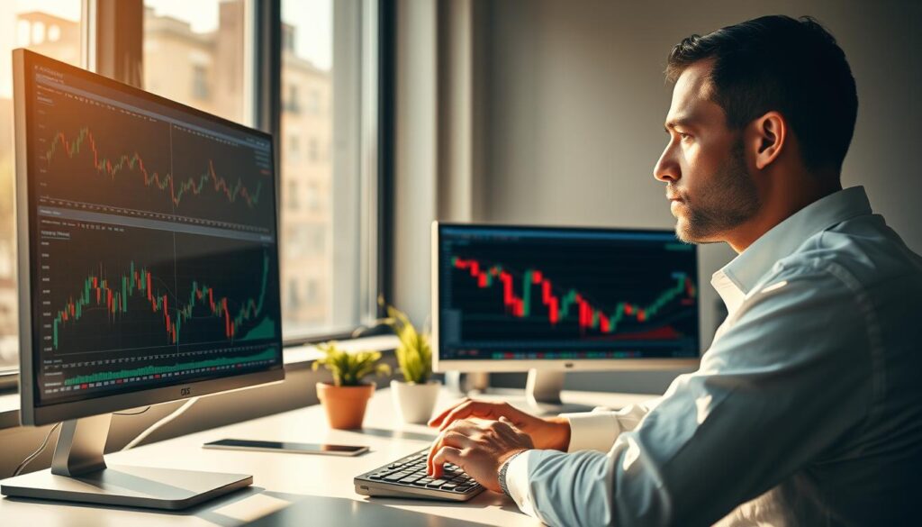 A serene office scene with a focused trader studying stock charts on multiple computer screens, surrounded by a minimalist workspace. Warm natural lighting streams in through large windows, casting a contemplative atmosphere. The trader's expression conveys deep concentration, their hands poised over the keyboard, immersed in the rhythm of the markets. In the background, a small plant and a sleek, modern desk subtly suggest the importance of balance and discipline in day trading. The overall composition evokes a sense of diligence, analytical thinking, and the psychological mastery required for successful day trading.