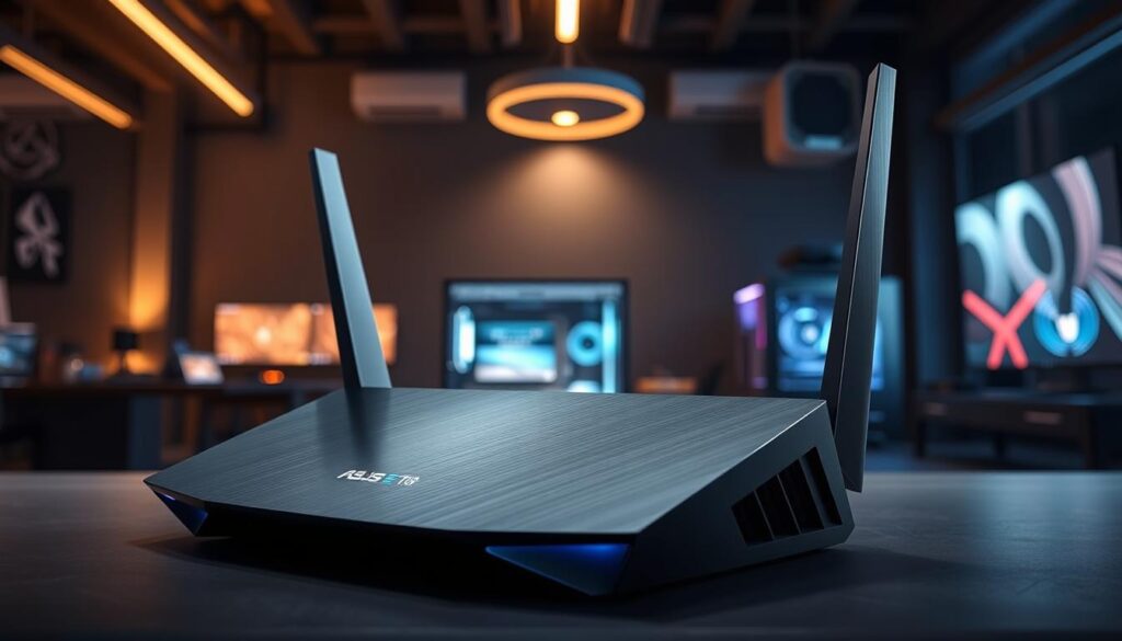 A sleek and futuristic ASUS ZenWiFi Pro ET15 WiFi7 router, positioned prominently against a backdrop of a dimly lit, high-tech interior. The device's angular, brushed-metal design reflects the cool glow of subtle LED accents, exuding a sense of premium quality and advanced technology. The foreground is sharply in focus, drawing the viewer's attention to the router's intricate details and striking aesthetic. In the middle ground, a gaming setup with a state-of-the-art PC and peripherals is visible, hinting at the router's high-performance capabilities. The background is slightly blurred, creating a sense of depth and emphasizing the router as the central focus of the image. The overall mood is one of sleek sophistication, power, and the future of wireless networking.