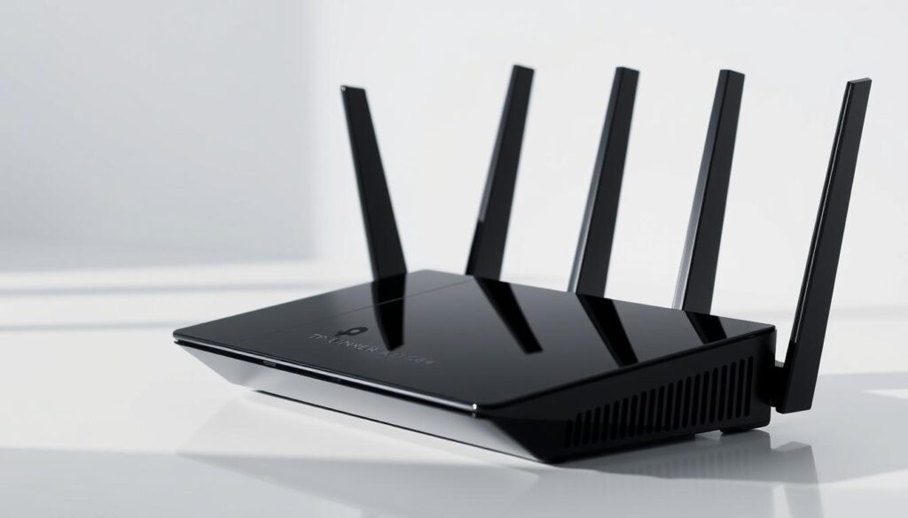 A sleek and modern TP-Link Archer AX75 WiFi 6 router, captured in a clean, well-lit studio setting. The router is placed on a smooth, reflective surface, allowing the device's sharp edges and glossy black finish to be highlighted. Soft, directional lighting illuminates the router from the side, casting subtle shadows that accentuate its angular design. The image is captured at a slight angle, providing a balanced, dynamic composition that showcases the router's compact, yet powerful form factor. The background is a simple, neutral color, allowing the router to be the primary focus of the image.